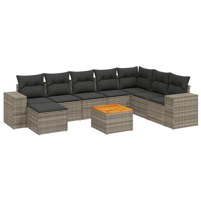 Bild von vidaXL Gartenlounge-Set 9-tlg. Garten-Sofagarnitur mit Kissen Grau Poly Rattan, (1-tlg)