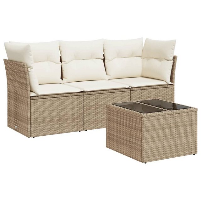 Bild von vidaXL Gartenlounge-Set 4-tlg. Garten-Sofagarnitur mit Kissen Beige Poly Rattan, (1-tlg)