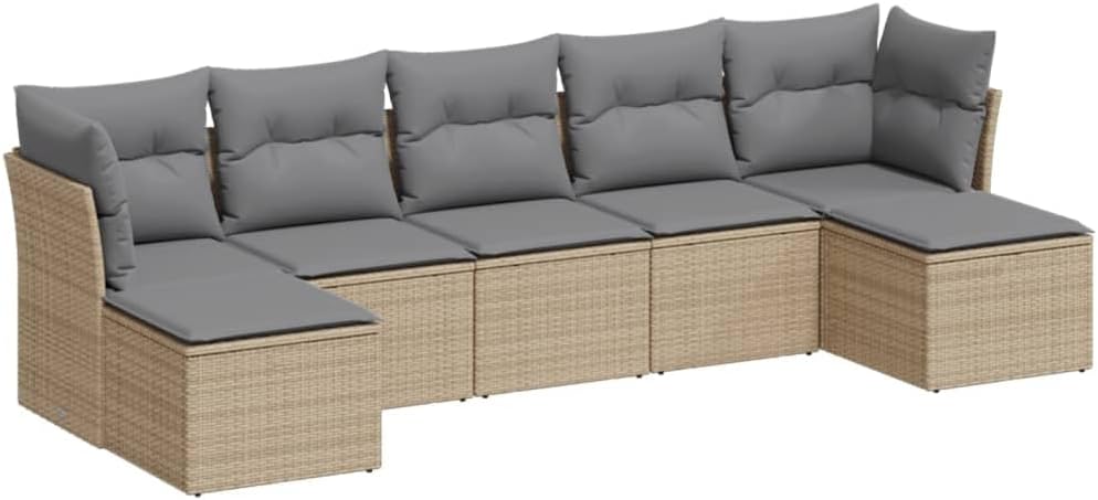 Bild von vidaXL Garten Sofagarnitur mit Kissen 7-TLG., Gartenmöbel Gartengarnitur, Sitzgruppe Sitzgarnitur, Lounge Sofa Garnitur Terrasse, Beige Poly Rattan