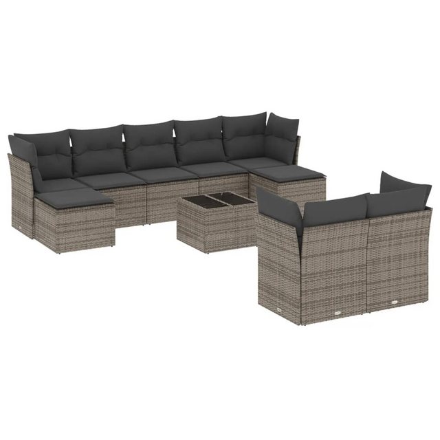 Bild von vidaXL Gartenlounge-Set 10-tlg. Garten-Sofagarnitur mit Kissen Grau Poly Rattan, (1-tlg)