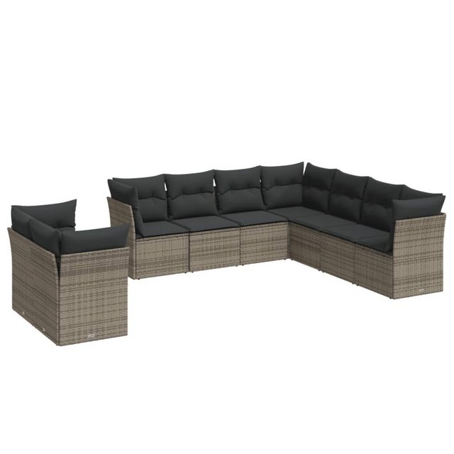 Bild von vidaXL Gartenlounge-Set 9-tlg. Garten-Sofagarnitur mit Kissen Grau Poly Rattan, (1-tlg)