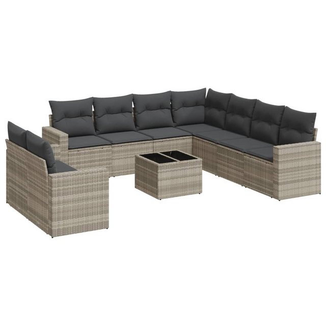 Bild von vidaXL Gartenlounge-Set 10-tlg. Garten-Sofagarnitur mit Kissen Hellgrau Poly Rattan, (1-tlg)