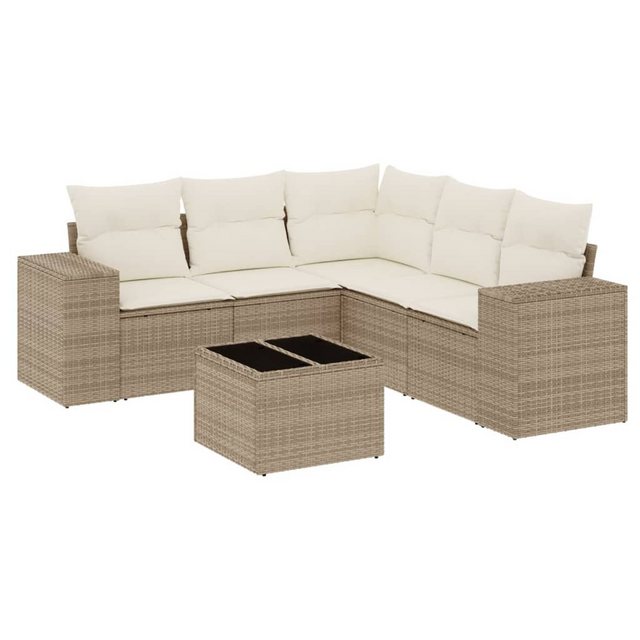 Bild von vidaXL Gartenlounge-Set 6-tlg. Garten-Sofagarnitur mit Kissen Beige Poly Rattan, (1-tlg)