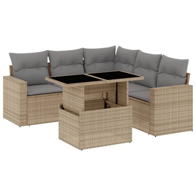 Bild von vidaXL Garten Sofa Garnitur 6-TLG., Gartenmöbel Set mit Kissen, Lounge Sitzgruppe Modular für Garten Terrasse, Gartentisch Verstellbare Tischplatte, Beige Poly Rattan