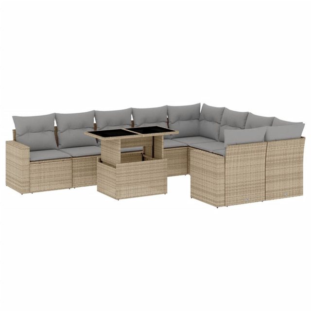 Bild von vidaXL Gartenlounge-Set 10-tlg. Garten-Sofagarnitur mit Kissen Beige Poly Rattan, (1-tlg)