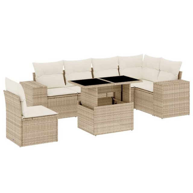 Bild von vidaXL Gartenlounge-Set 7-tlg. Garten-Sofagarnitur mit Kissen Beige Poly Rattan, (1-tlg)