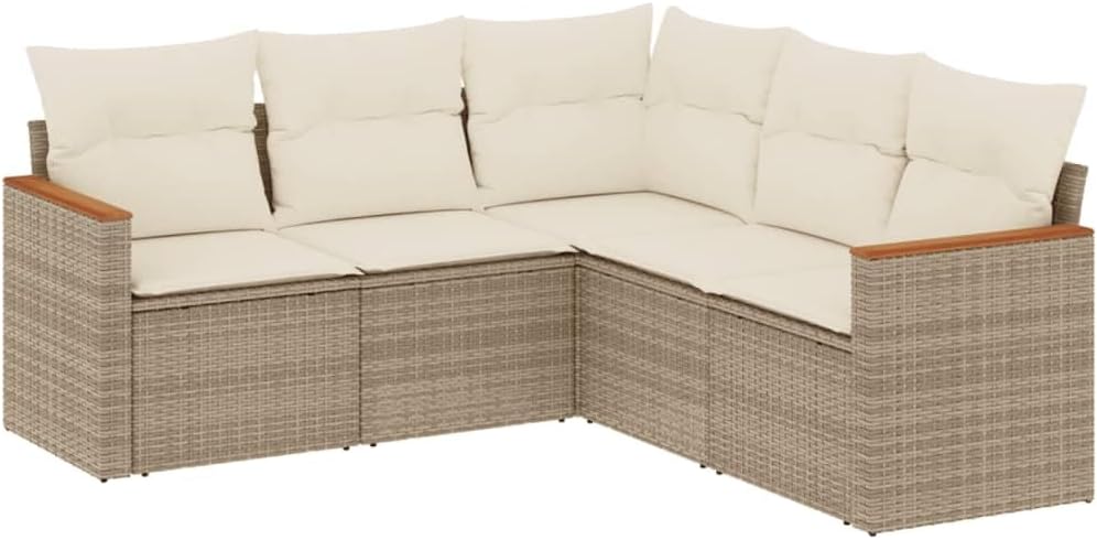 Bild von vidaXL Garten Sofagarnitur mit Kissen 5-TLG., Gartenmöbel Gartengarnitur, Sitzgruppe Sitzgarnitur, Lounge Sofa Garnitur Terrasse, Beige Poly Rattan