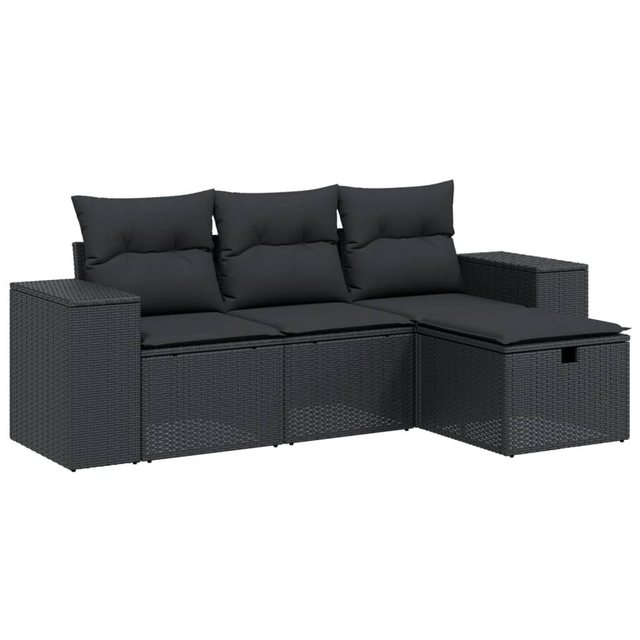 Bild von vidaXL Gartenlounge-Set 4-tlg. Garten-Sofagarnitur mit Kissen Schwarz Poly Rattan, (1-tlg)