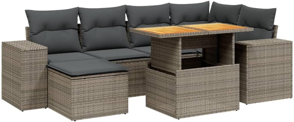 Bild von vidaXL Garten Sofagarnitur mit Kissen 7-TLG., Gartenmöbel Gartengarnitur, Sitzgruppe Sitzgarnitur, Lounge Sofa Garnitur Terrasse, Grau Poly Rattan