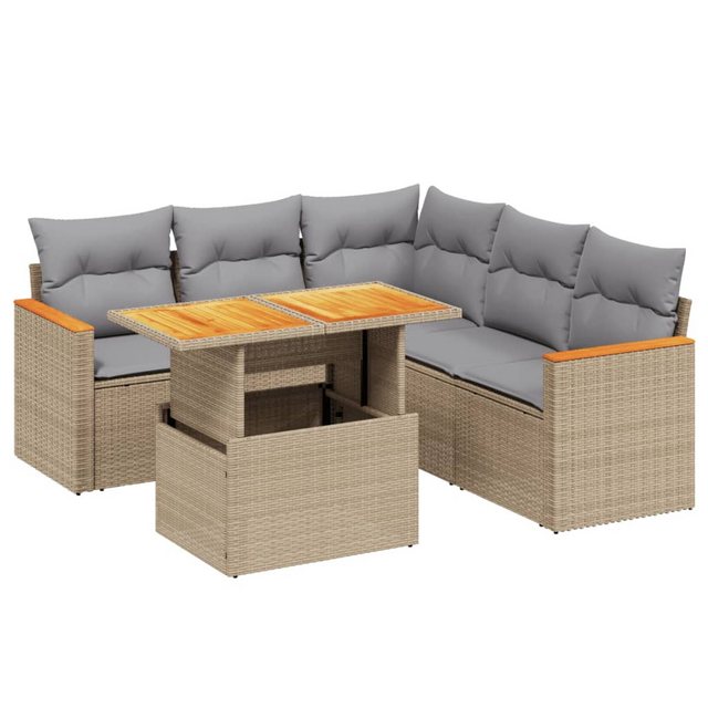 Bild von vidaXL Gartenlounge-Set 6-tlg. Garten-Sofagarnitur mit Kissen Beige Poly Rattan, (1-tlg)