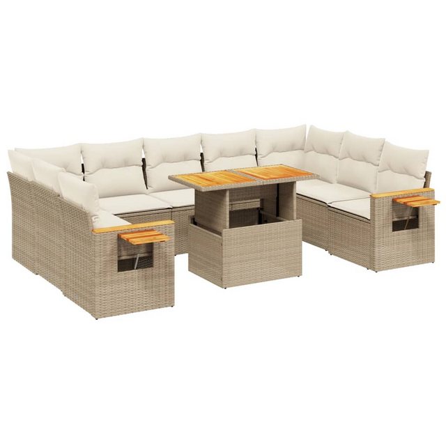 Bild von vidaXL Gartenlounge-Set 10-tlg. Garten-Sofagarnitur mit Kissen Beige Poly Rattan, (1-tlg)