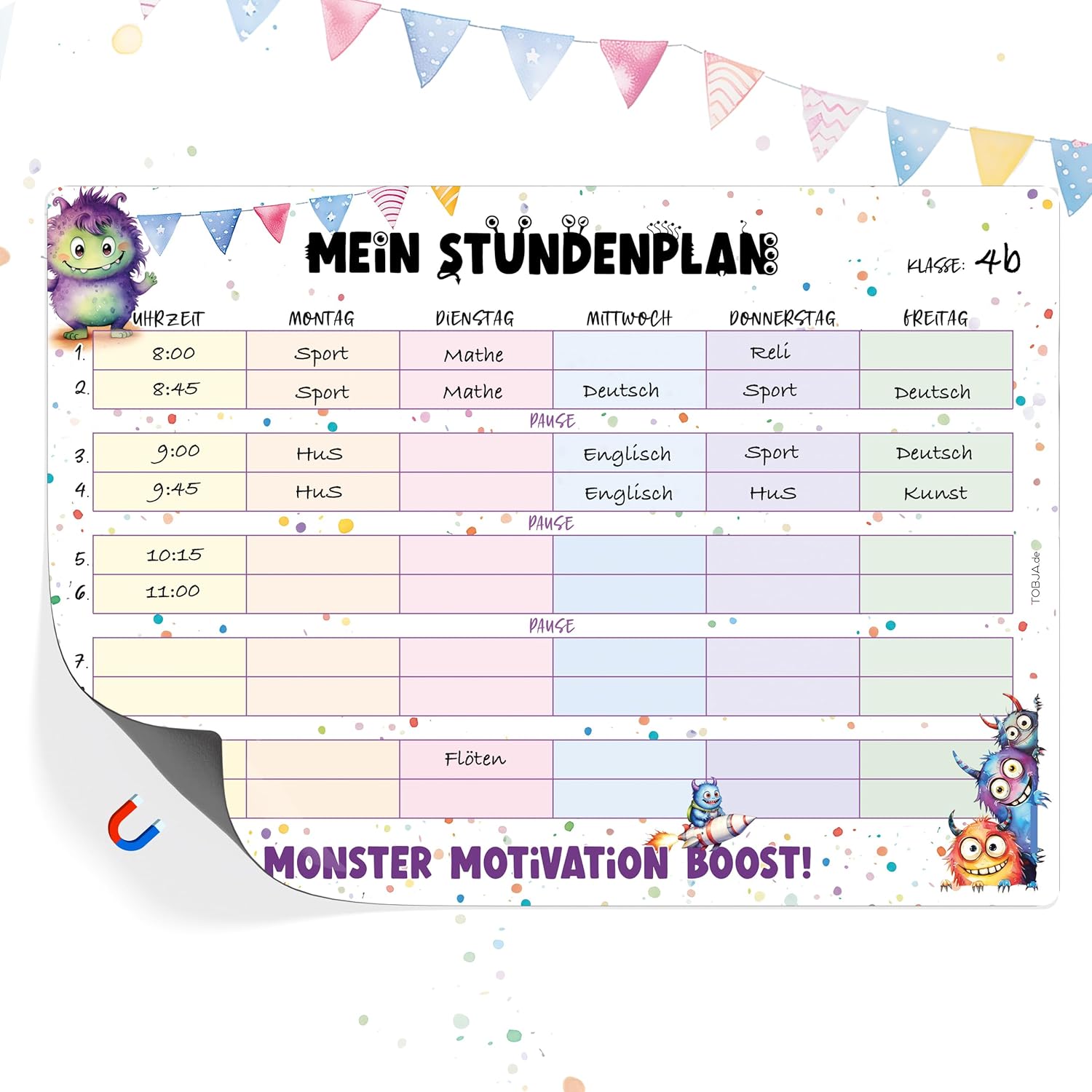 Bild von TOBJA Stundenplan magnetisch Grundschule - Süße Monster Design | Stundenplan abwischbar Jungen & Mädchen | Stundenplan 1. Klasse (ohne Stift)