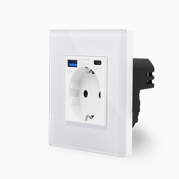 Bild von Glas Steckdose + USB Typ A/C 20W Weiß MP010U-BG1-11 LUXUS-TIME