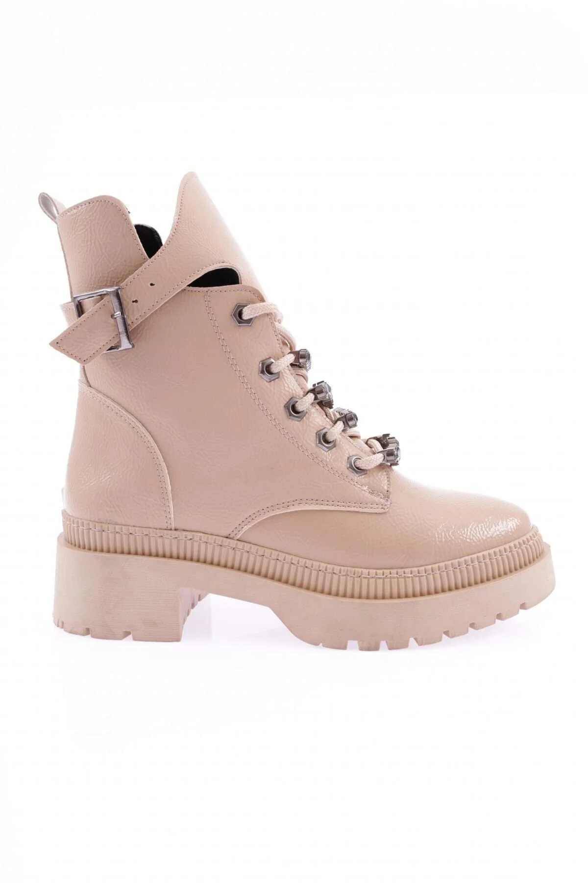 Bild von DGN K9030 Nudefarbene Schnürstiefel Mit Kristallen Lackleder für Damen - 37
