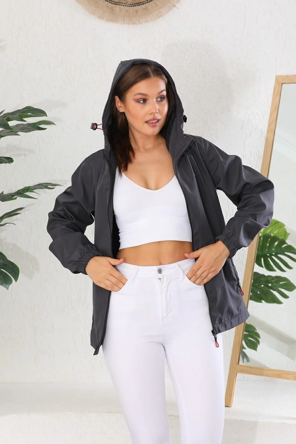 Bild von D1fference Anthrazitfarbener, Gefütterter, Winddichter Regenmantel Mit Kapuze Und Tasche für Damen - 3XL