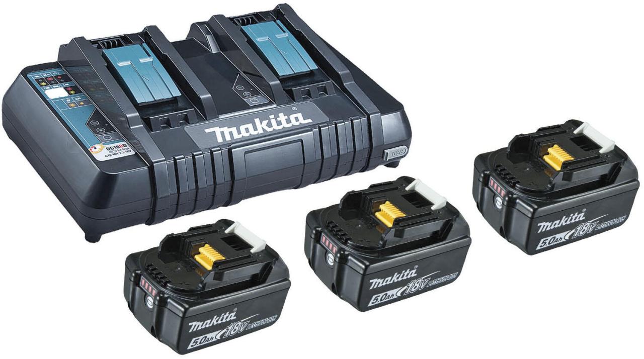 Bild von Makita DC18RD - Batterieladegerät + Batterie 3 x - Li-Ion - 5 Ah - 2 x Batterien laden