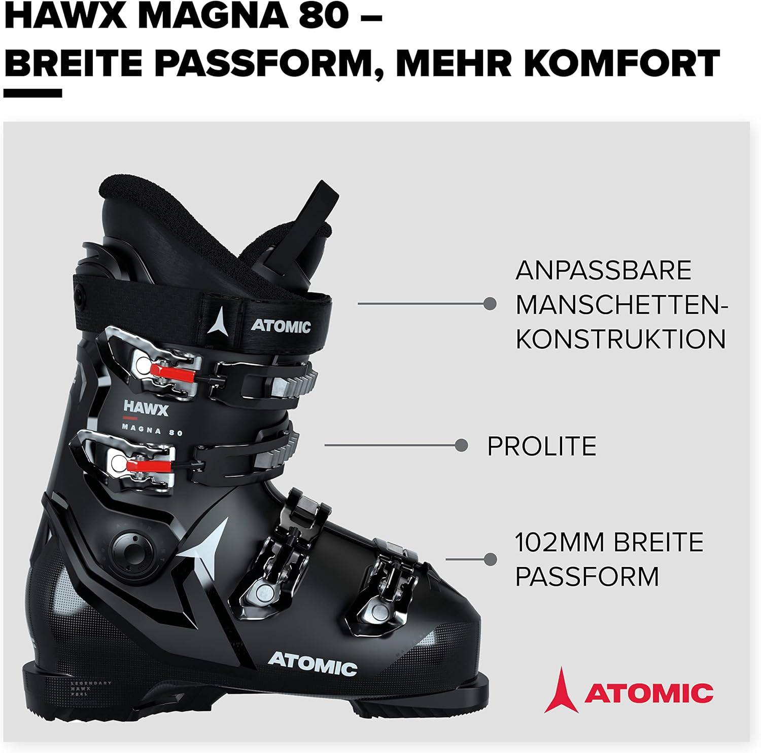 Bild von ATOMIC Hawx Magna 80 Skischuhe - Größe 26/26.5 - Alpin-Skischuh für Erwachsene in Schwarz/Weiß/Rot - 102mm breite Passform - Stabile Prolite Konstruktion - Memory Fit für präzisen Sitz