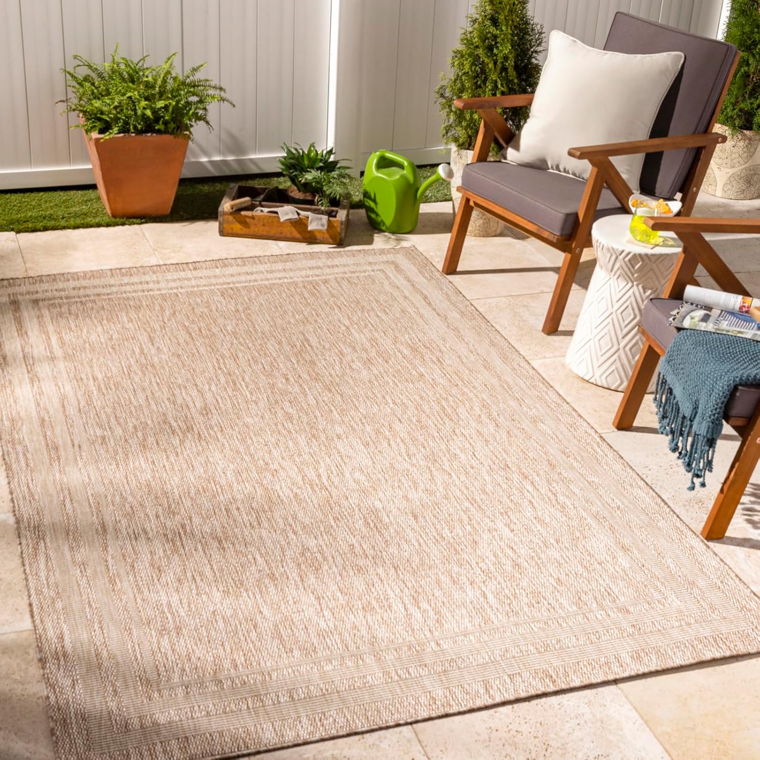 Bild von Surya Outdoor Teppich wetterfest, Colos - In und Outdoor Teppich für Balkon 200x275 cm, Terrasse, Garten, Küche - Outdoor Teppich Boho Style, Teppich für draußen - Teppich Beige und Creme
