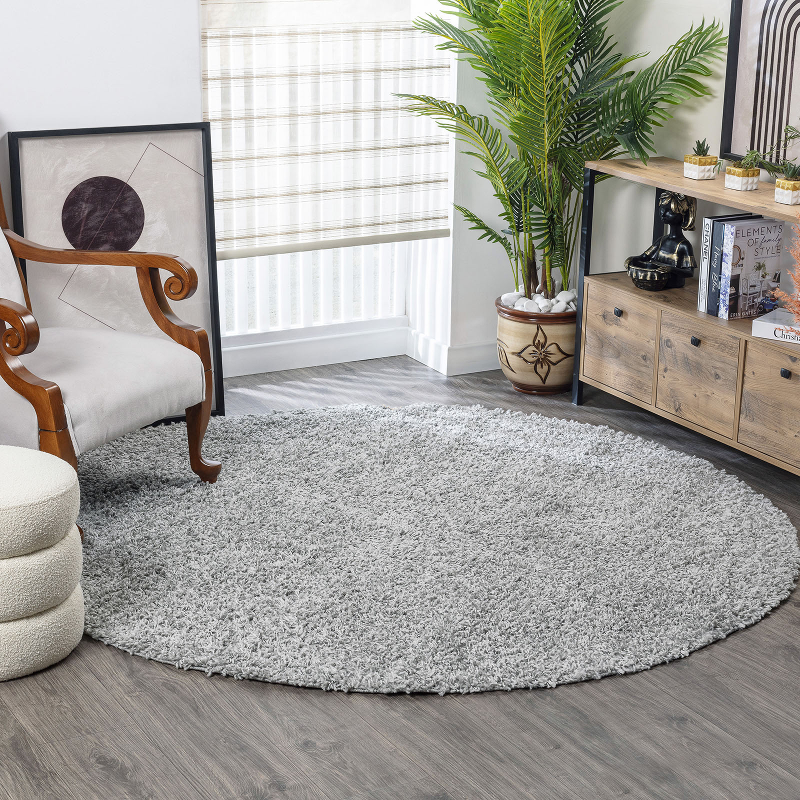 Bild von Surya Home Shaggy Berber Teppich - Flauschiger Teppich für Wohnzimmer, Esszimmer, Schlafzimmer, Langflor Hochflor Teppich flauschig - Teppich groß 160 cm Rund, Wohnzimmerteppich in Grau