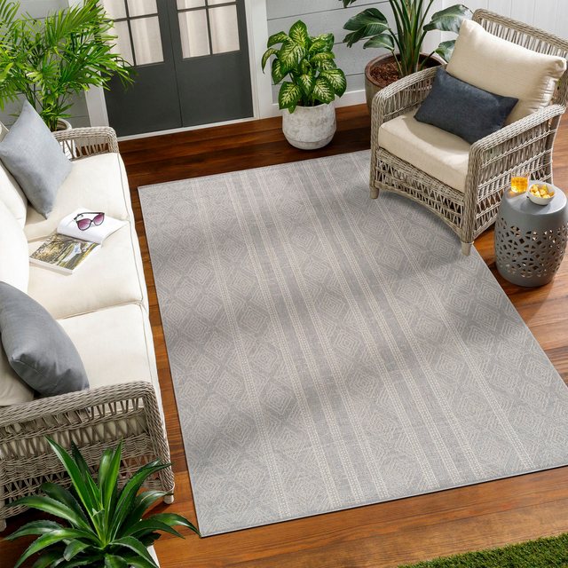 Bild von Livabliss Outdoor Teppich wetterfest, Anamur - In und Outdoor Teppich für Balkon 80x150 cm, Terrasse, Garten, Küche - Outdoor Teppich Boho Style, Teppich für draußen - Teppich Hellgrau und Elfenbein