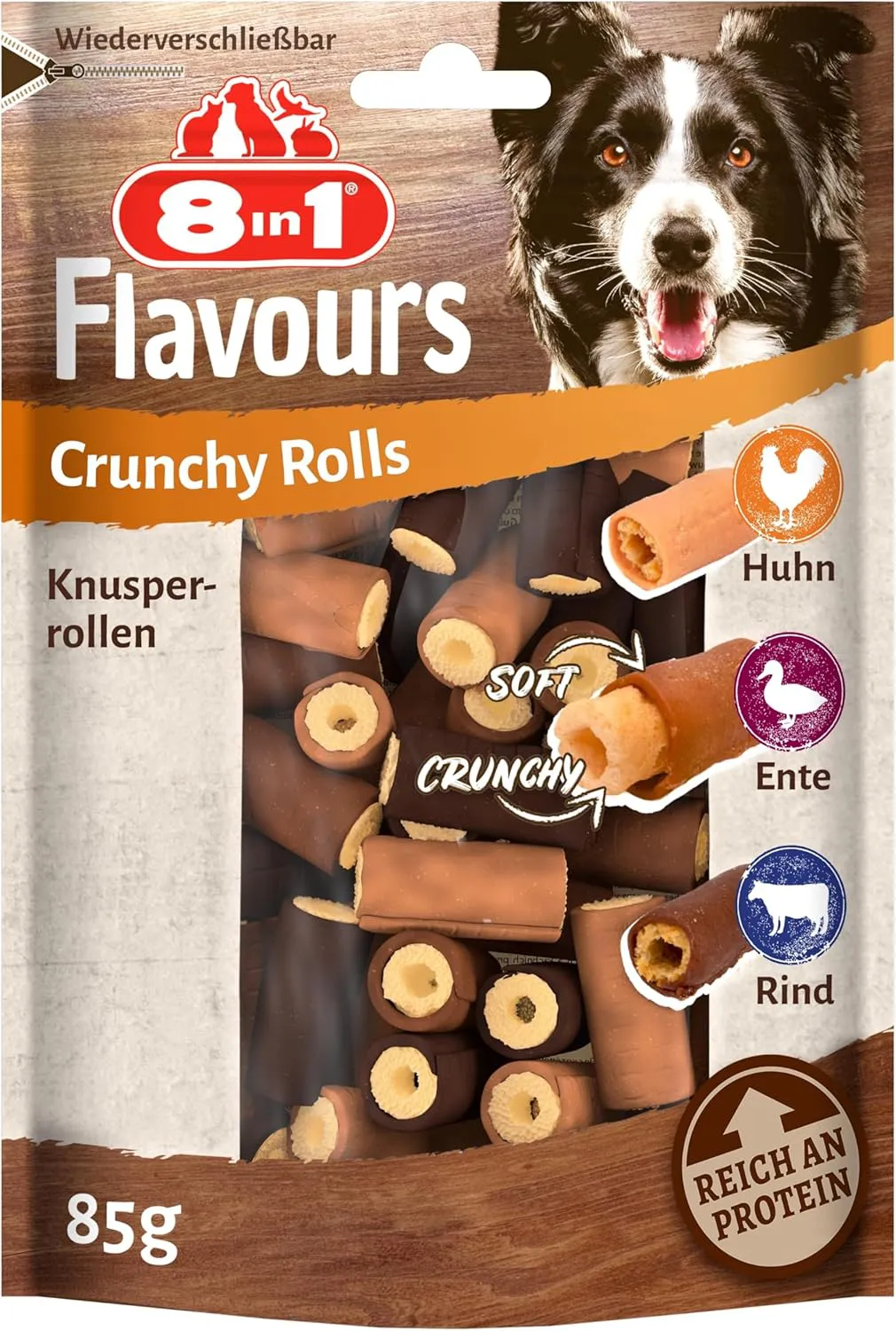 Bild von 8in1 Flavours Crunchy Rolls Hunde-Snacks mit Hähnchenbrust, Entenbrust oder Rindfleisch im 85 g Beutel