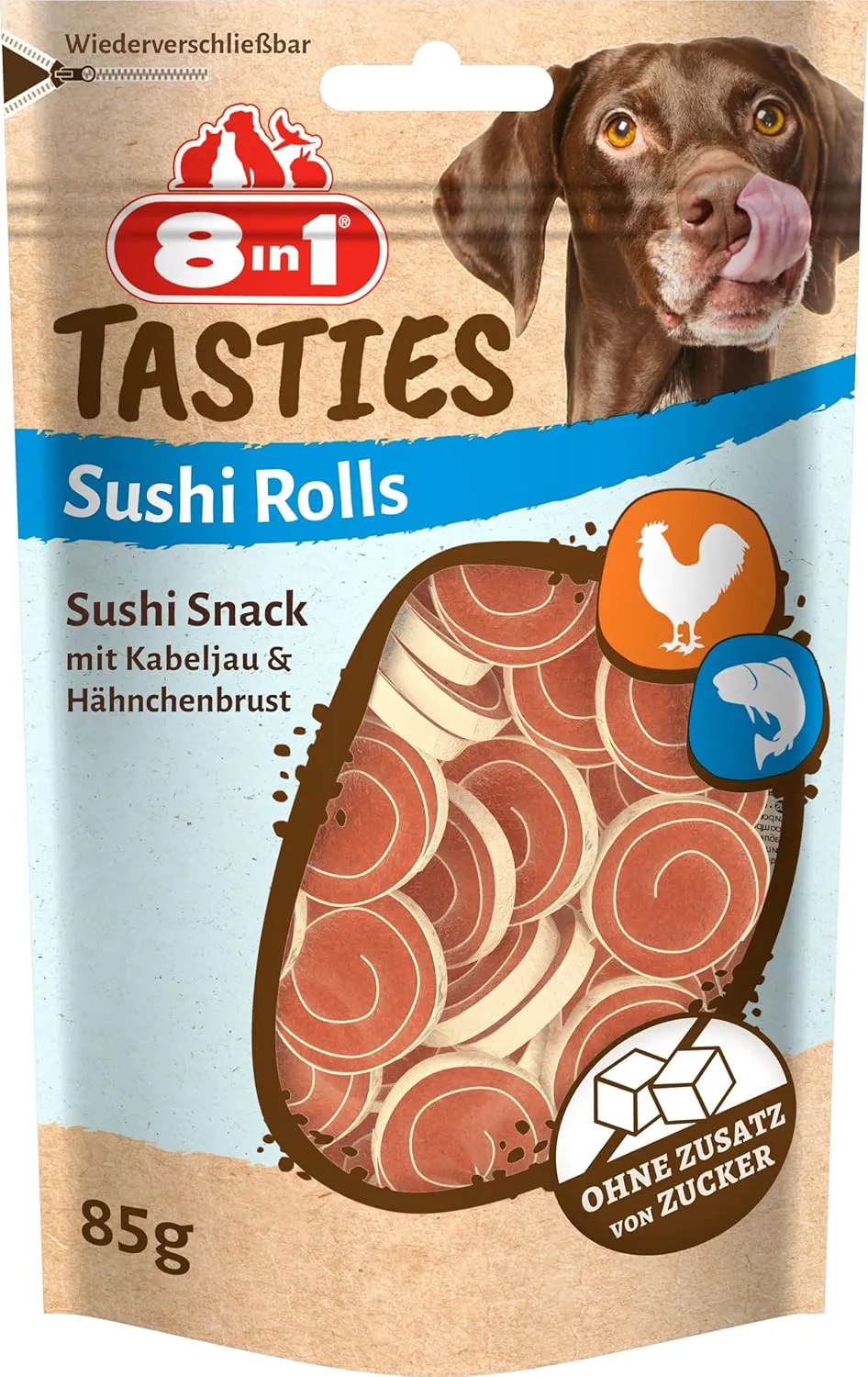 Bild von 8in1 Tasties Sushi Rolls Hunde-Snack mit Kabeljau und Hähnchenbrust, 85 g, glutenfrei