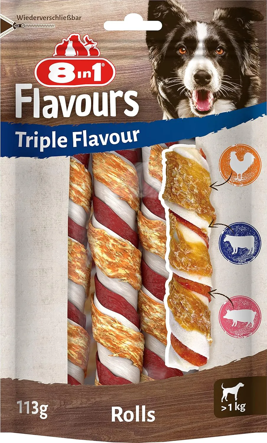 Bild von 8in1 Triple Flavour Rolls Kaustangen für Hunde im 113g Beutel mit drei Stück und viel Fleisch