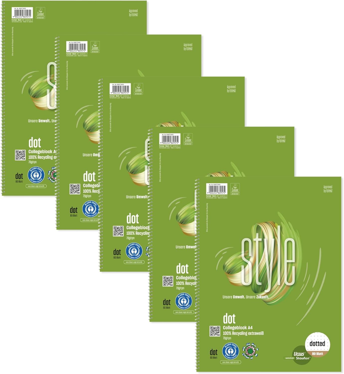 Bild von Staufen Ursus Style Collegeblock, 5 Stück, DIN A4, Lineatur DOTTED, 80 Blatt, 4-fach Lochung, premiumweißes 70g/m² Recyclingpapier, Green