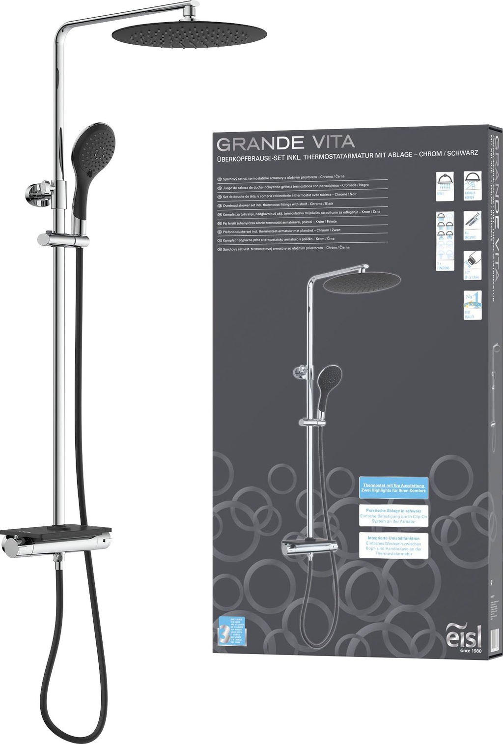 Bild von EISL GRANDE VITA Duschsystem mit Thermostat und Ablage, Regendusche mit Wandhalterung (auch für vorhandene Bohrlöcher), Duschsäule Duschgarnitur mit Duscharmatur im Set, Schwarz