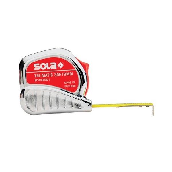 Bild von SOLA TRI-MATIC - Bandmaß 5m / 19mm - Profi-Taschenbandmaß mit Gürtelclip - Stahlband, gelb lackiert mit mm Skala - Genauigkeitsklasse I - Rollmeter mit beweglichem Endhaken - Länge 5m/19mm