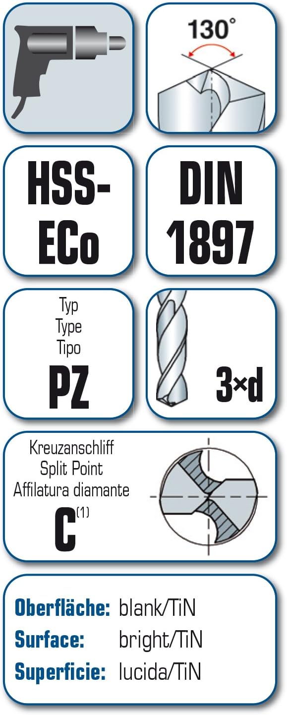 Bild von Alpen 92100550100 Spiralbohrer HSS Cobalt für INOX und Edelstahl, extrakurz, DIN 1897 PZ, ∅ 5,5 mm, L1 66 mm, L2 28 mm
