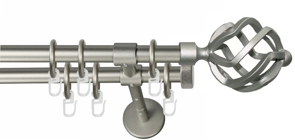 Bild von Gardinenstange GARESA "RUSTIKA", silber (mattchromfarben), L:180cm Ø:16mm, Metall, Gardinenstangen, rustikale Vorhanggarnitur, verlängerbar, m. Ringe, Endknopf Korb