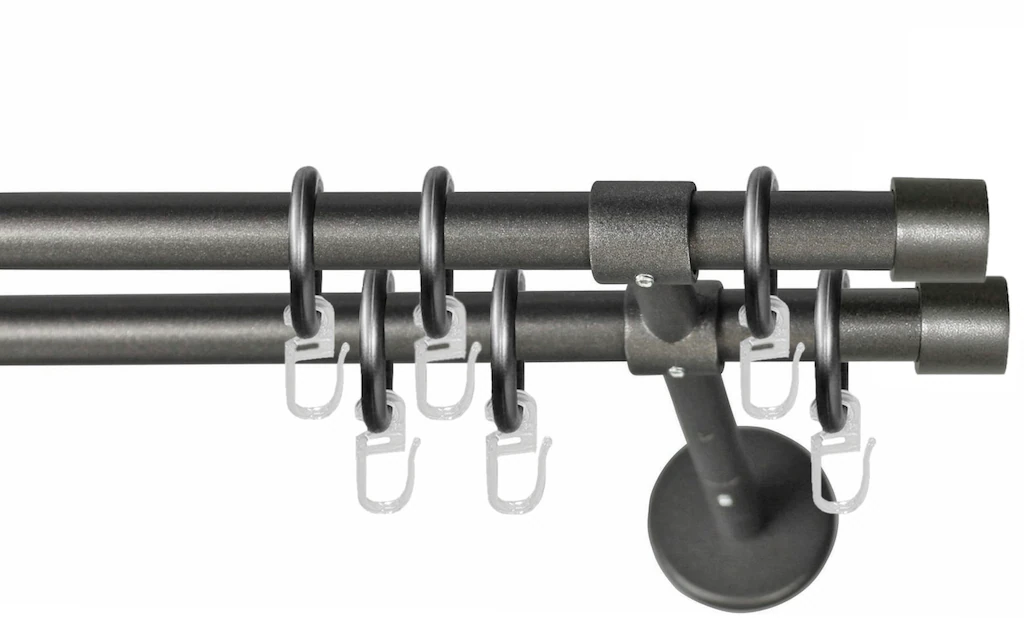 Bild von Garesa Gardinenstange Rustika Ø 16mm, 2-läufig, Graphite I Rustikale Vorhangstange aus Metall inkl. Ringe + Faltenlegehaken I Mit Endknopf Kappe I 420cm