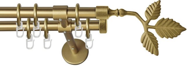 Bild von Gardinenstange GARESA "RUSTIKA", gold (mattgoldfarben), L:100cm Ø:16mm, Metall, Gardinenstangen, rustikale Vorhanggarnitur, verlängerbar, m. Ringe, Endk. Blatt
