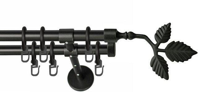 Bild von Garesa Gardinenstange Rustika Ø 16mm, 2-läufig, Schwarz I Rustikale Vorhangstange aus Metall inkl. Ringe + Faltenlegehaken I Mit Endknopf Blatt I 410cm