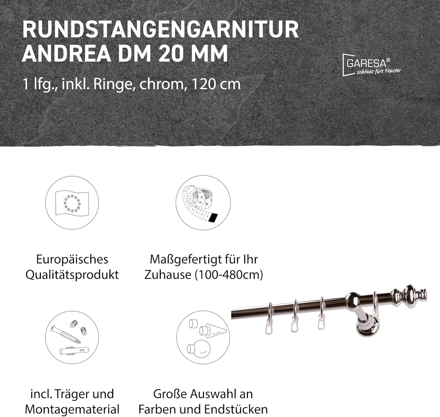 Bild von Gardinenstange GARESA "ANDREA", silber (mattnickelfarben), L:280cm Ø:20mm, Metall, Gardinenstangen, Vorhanggarnitur, verlängerbar, Endknopf Profil groß, mit Ringen