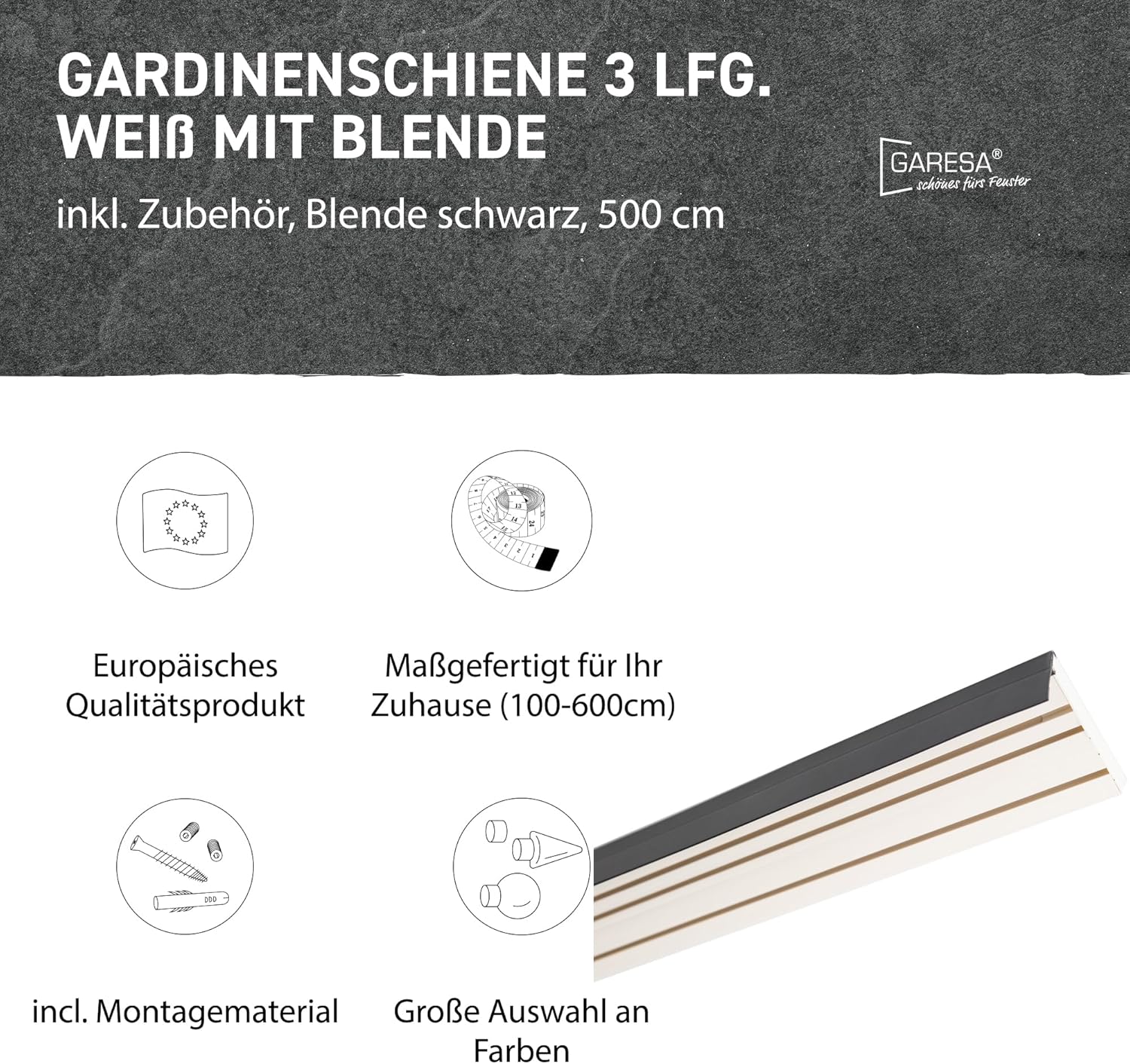 Bild von GARESA Gardinenschiene Kunststoffschiene mit Blende, 3-läufig, Wunschmaßlänge, mit Bohren, verschraubt, Kunststoff, Deckenmontage, verlängerbar, einfache Montage, schlicht