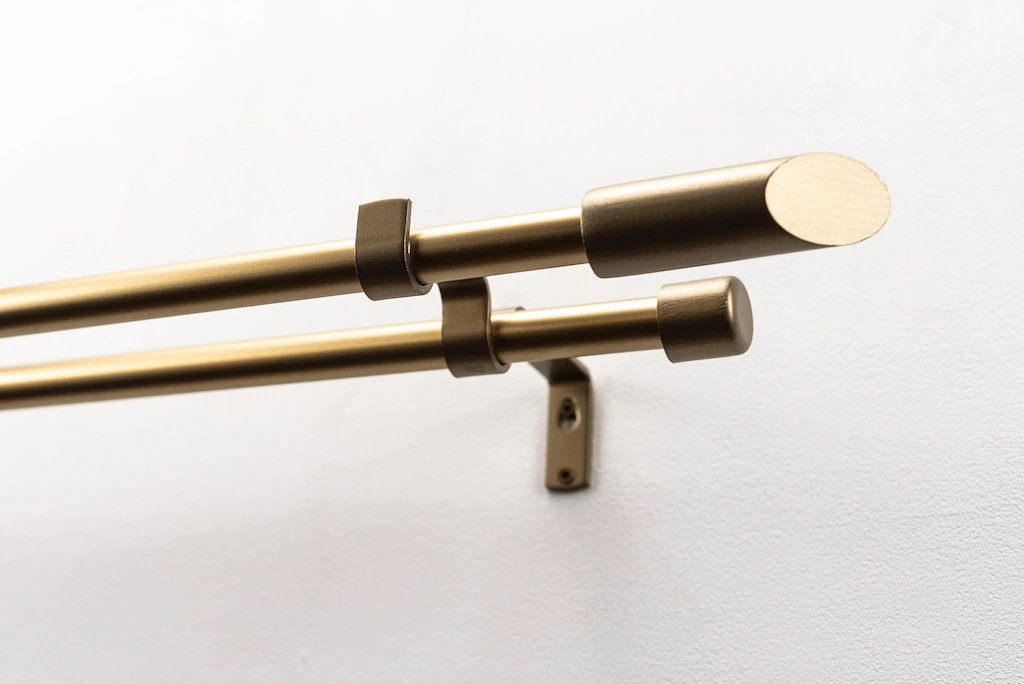 Bild von Gardinenstange GARESA "ZYLI mit offenem Träger", gold (mattgoldfarben), L:380cm, Metall, Holz, Gardinenstangen, Vorhanggarnitur, verlängerbar, Knopf abgeschrägt, ohne Ringe