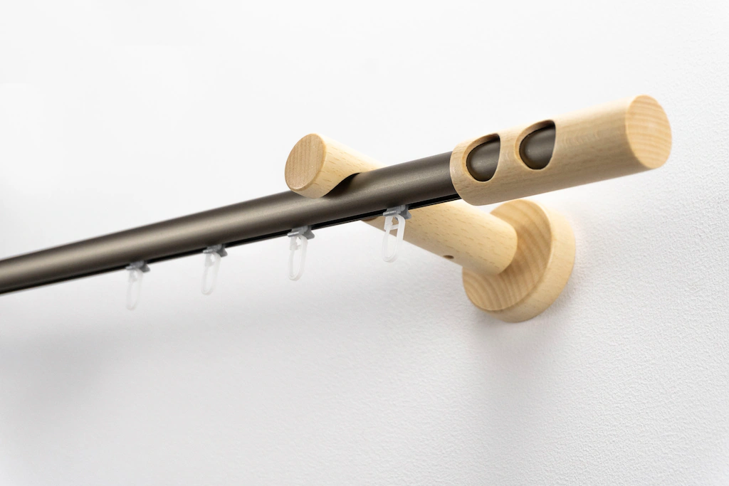 Bild von Gardinenstange GARESA "PANDORA", beige (mattchromfarben, natur), L:370cm Ø:20mm, Aluminium, Holz, Kunststoff, Gardinenstangen, Vorhanggarnitur,Innenlaufgarnitur, verlängerbar, Knopf m.runden Löcher