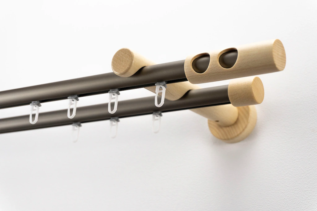 Bild von Gardinenstange GARESA "PANDORA", beige (mattchromfarben, natur), L:530cm Ø:20mm, Aluminium, Holz, Kunststoff, Gardinenstangen, Vorhanggarnitur,Innenlaufgarnitur, verlängerbar, Knopf m.runden Löcher