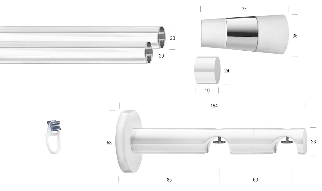 Bild von GARESA Gardinenstange WHITE, Ø 20 mm, 2-läufig, Wunschmaßlänge, verschraubt, Eisen, Vorhanggarnitur, Innenlauf, verlängerbar, Wandmont., Endknopf 2-färbig