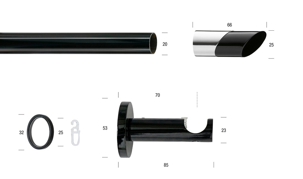 Bild von GARESA Gardinenstange BLACK, Ø 20 mm, 1-läufig, Wunschmaßlänge, verschraubt, Eisen, Vorhanggarnitur, verlängerbar, Endknopf abgeschrägt 2-farbig