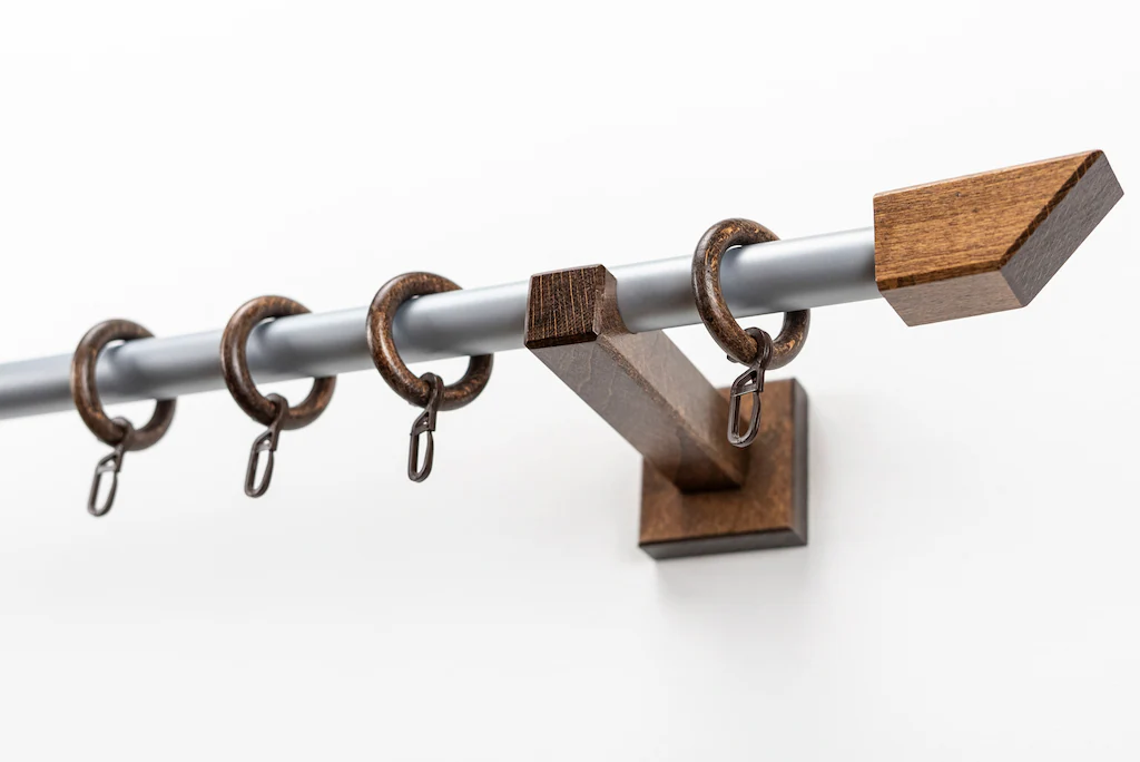 Bild von Gardinenstange GARESA "CUBUS", braun (nussbaum, chromfarben), L:340cm Ø:20mm, Metall, Holz, Gardinenstangen, Vorhanggarnitur, verlängerbar, Endknopf abgeschrägt, mit Ringe