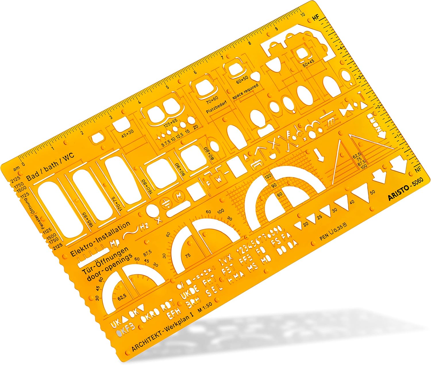 Bild von Aristo AR5061 Architektur Kombi Schablone 2 (1:100, Symbole für Grundrissdarstellung, Tuschenoppen, formstabiler PET-Kunststoff) orange-transparent