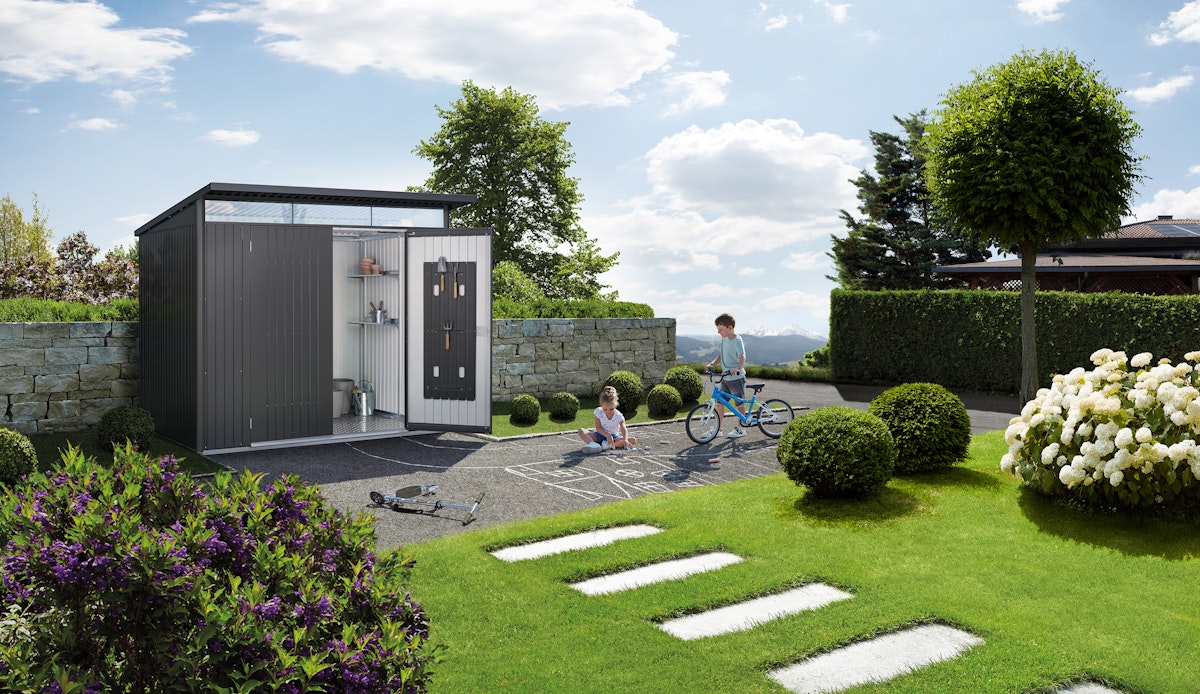 Bild von Biohort Gerätehaus Avantgarde ECO mit Doppeltür 180 x 260 cm (Gr. A2) Drehgriff-Zylinderschloss-Verriegelung dunkelgrau-metallic