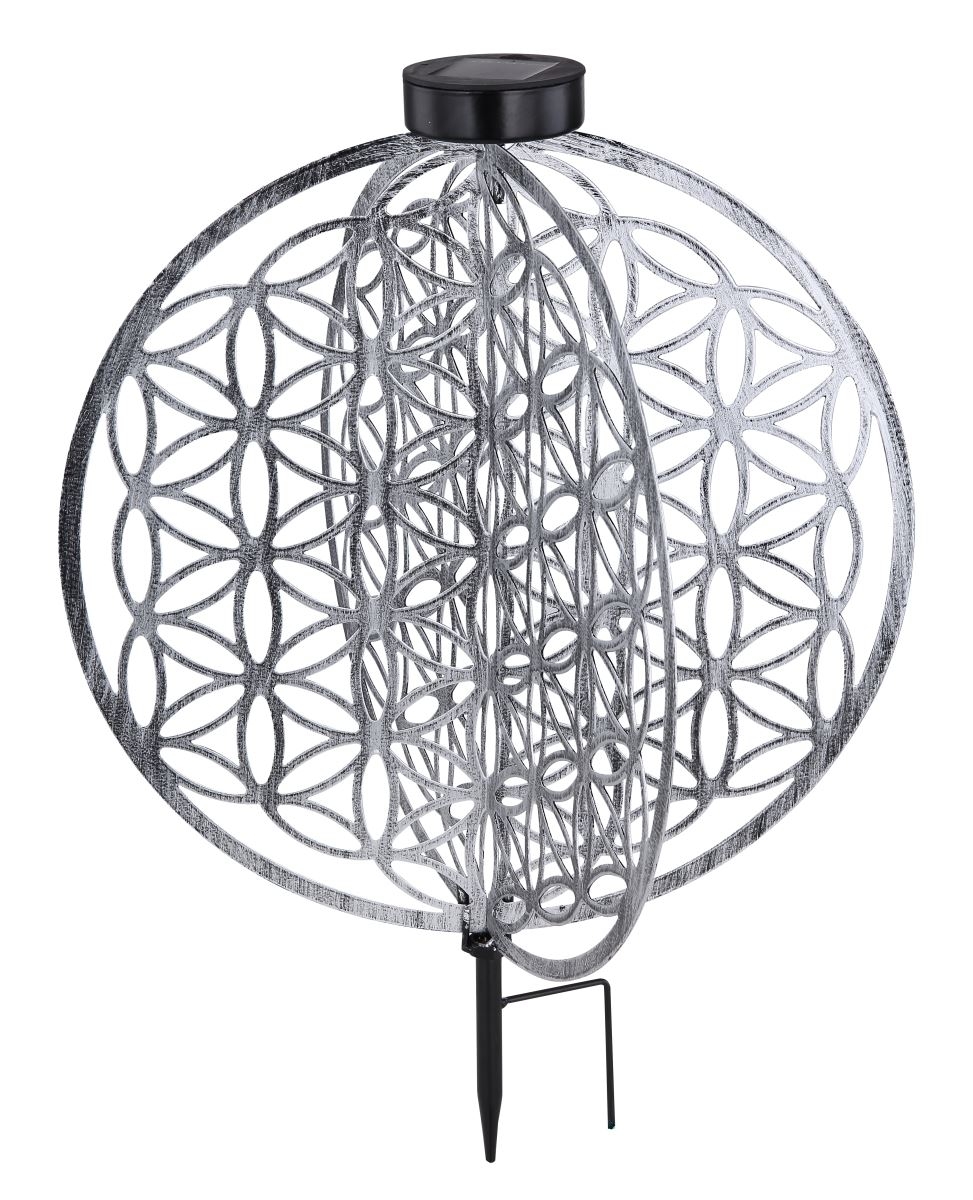 Bild von LED Solarleuchte Scheiben im Kugel design mit Dekorstanzung Lebensblume antik silberfarbend 400mm von Globo
