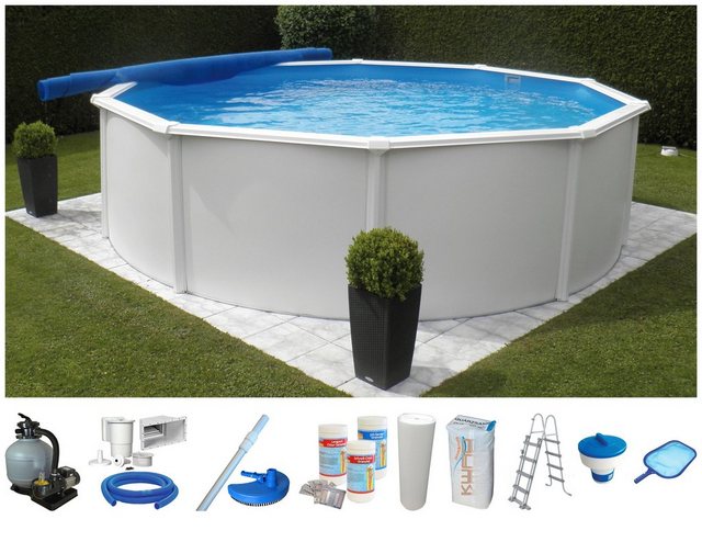 Bild von KWAD Rundpool "Supreme weiß inkl. Sicherheitsleiter und umfangreichem Zubehör", (Set, 10 tlg.), 10-tlg., Höhe: 132 cm, inkl. Wasserpflegeset, blaue Innenfolie