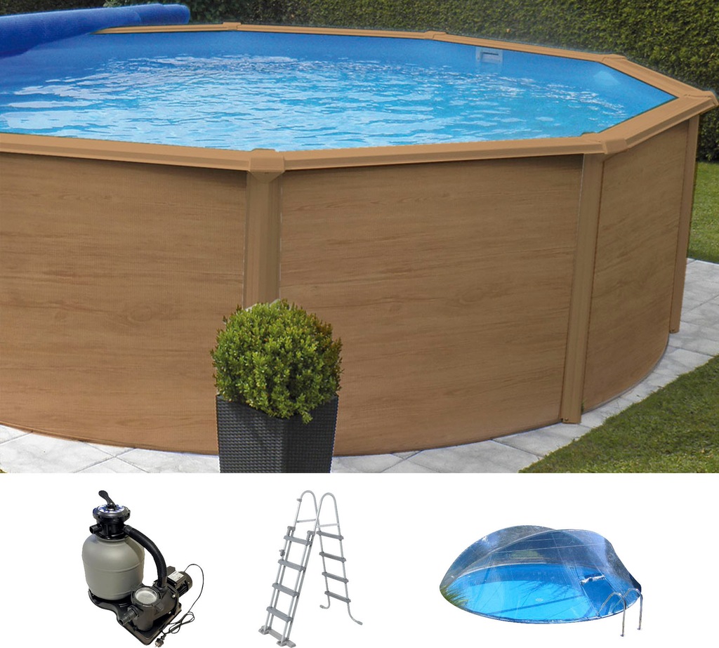 Bild von KWAD Rundpool "Wood Design CABRIO DOME inkl. Abdeckung zum Schutz des Wassers", (Set, 5 tlg.), 5-tlg., Höhe: 132cm, sandfarbene Innenfolie, inkl. Sicherheitsleiter