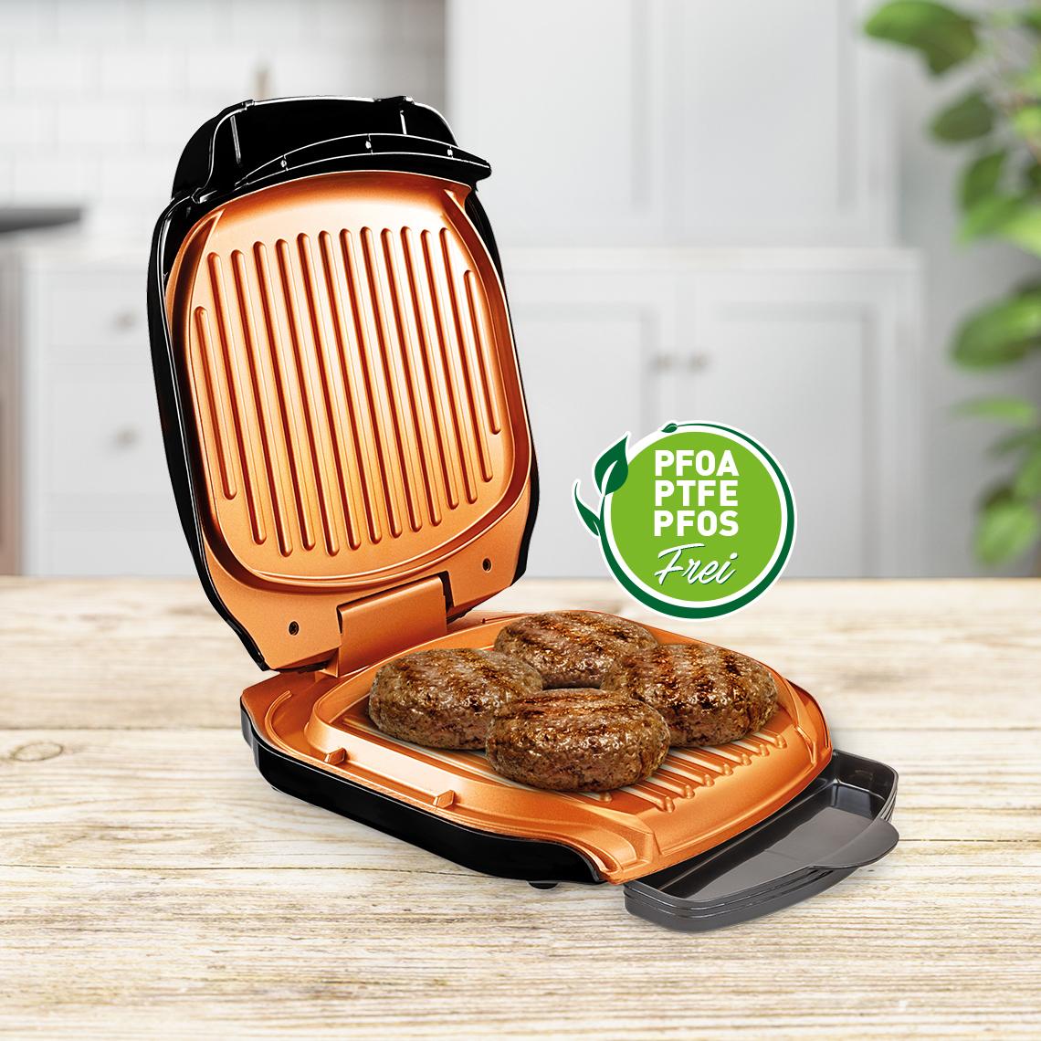 Bild von M MEDIASHOP LIVINGTON Low Fat Grill – kompakter Kontaktgrill für fettarmes Grillen – Elektrogrill mit Antihaft-Keramikbeschichtung und Fettablauf