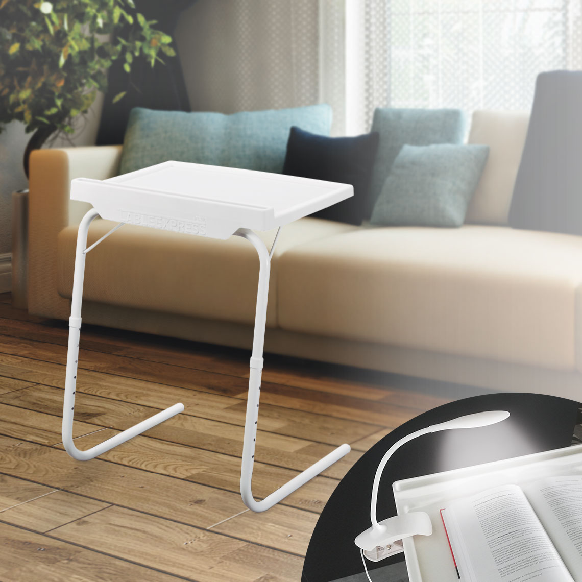 Bild von Mediashop Table Express mit Clip LED Lampe | Beistelltisch | Couch-Tisch | Serviertisch | bis 25 kg Traglast | 18 Einstellmöglichkeiten | Halterung für Tablet & Smartphone